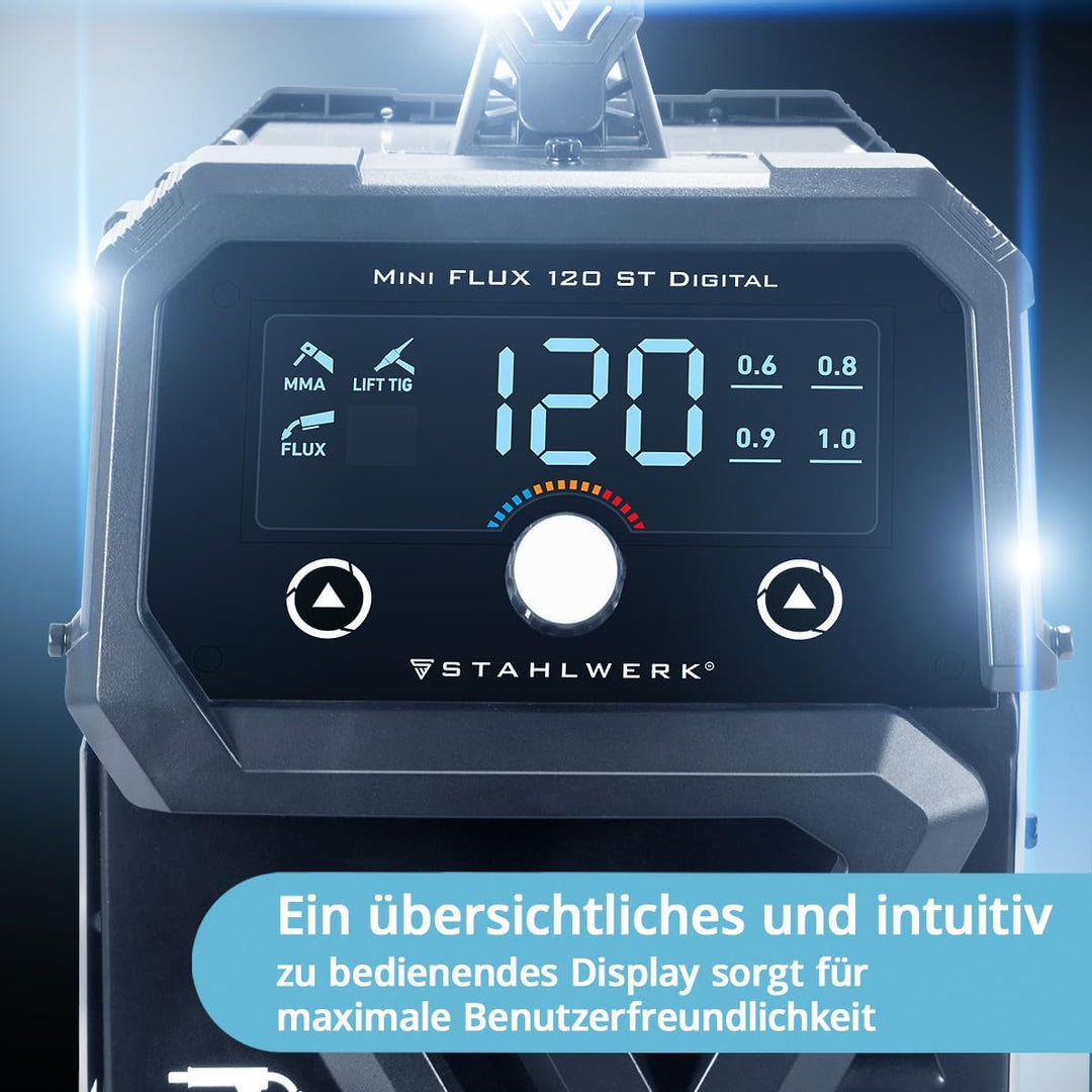 STAHLWERK Mini FLUX 120 ST Fülldraht Schweissgerät mit synergischem Drahtvorschub für 0,6 | 0,8 | 0,