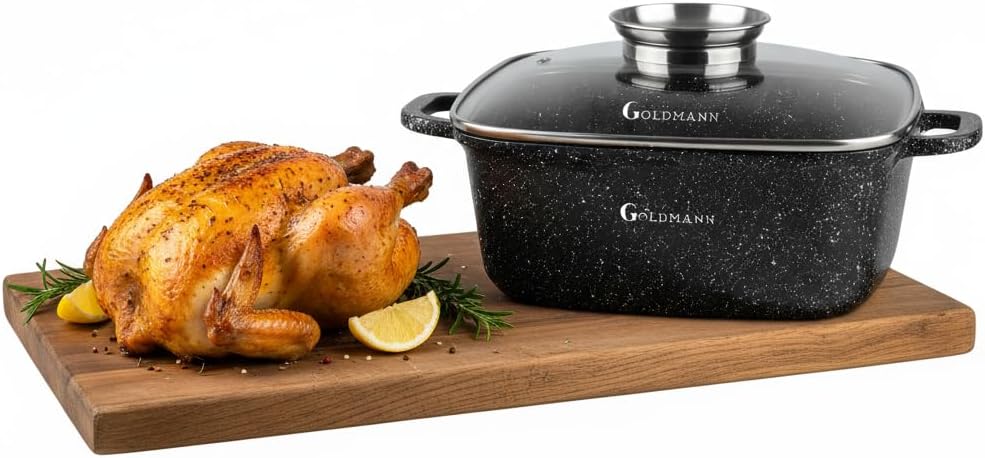 Goldmann 24cm Quadratischer Alu-Guss Bräter (4.5L), Glasdeckel, Keramik, Induktion, Aromaknopf, PFOA