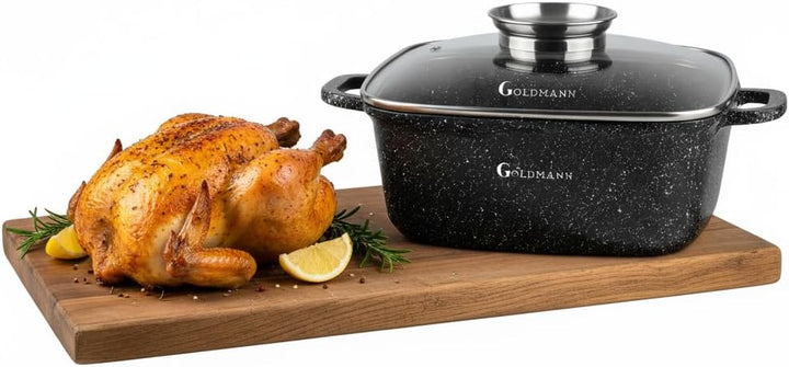 Goldmann 24cm Quadratischer Alu-Guss Bräter (4.5L), Glasdeckel, Keramik, Induktion, Aromaknopf, PFOA