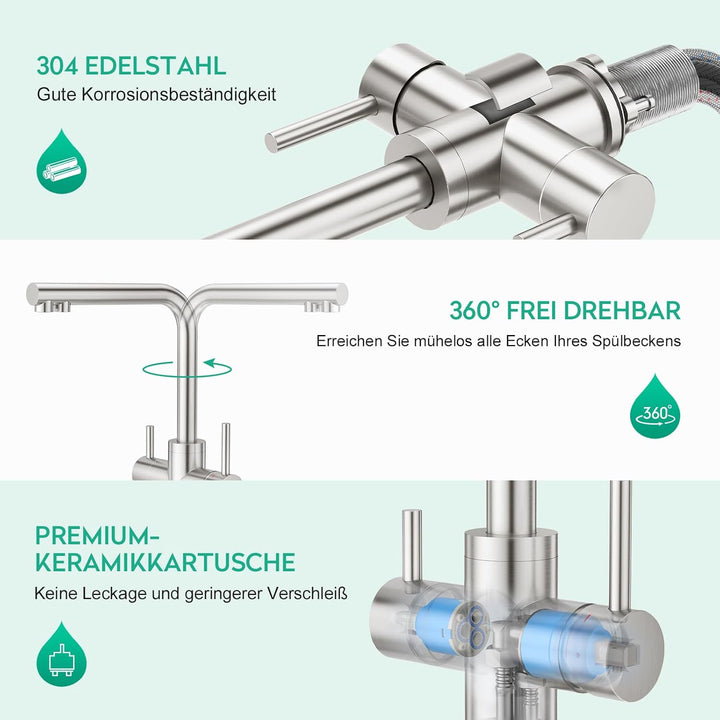 CREA Niederdruck Armatur Küche, 3 Wege Wasserhahn Küche, 360° Drehbar Küchenarmatur, 3 in 1 Mischbat