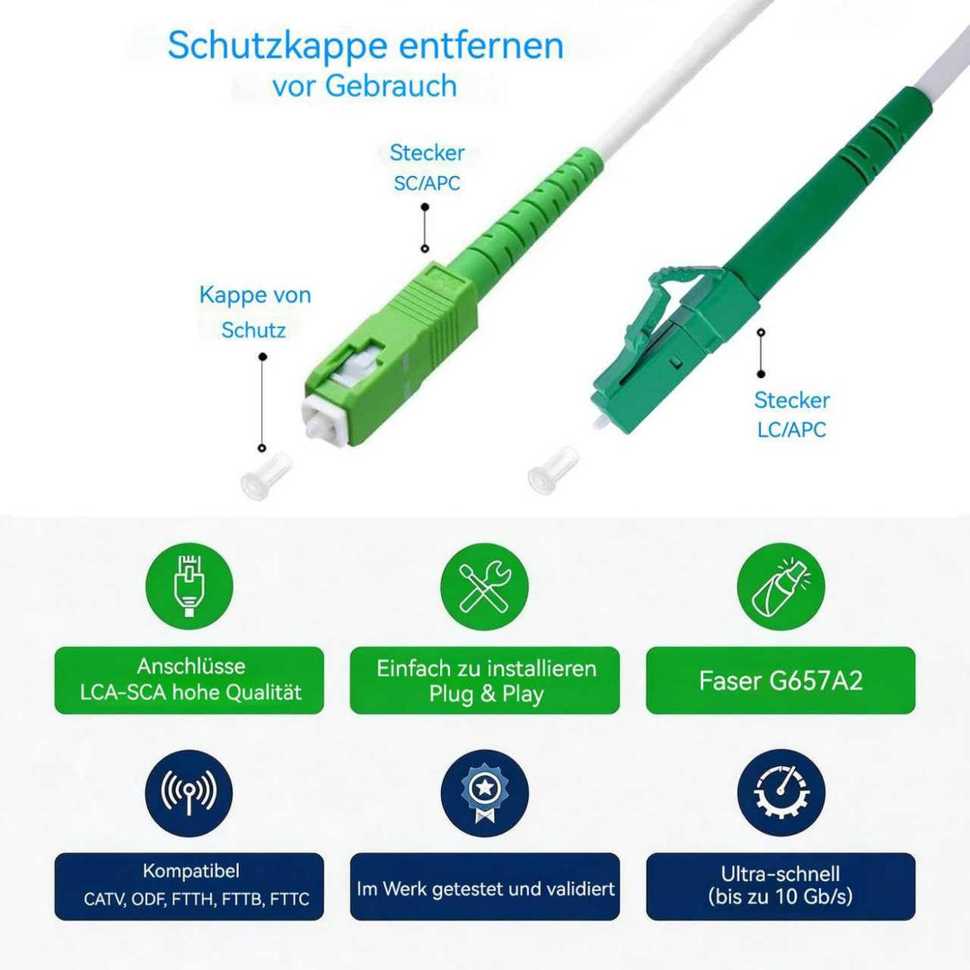 Elfcam® - 50m LWL Glasfaser-Kabel Simplex LC/APC zu SC/APC Stecker, 9/125μm OS2 Patchkabel LSZH, FTT