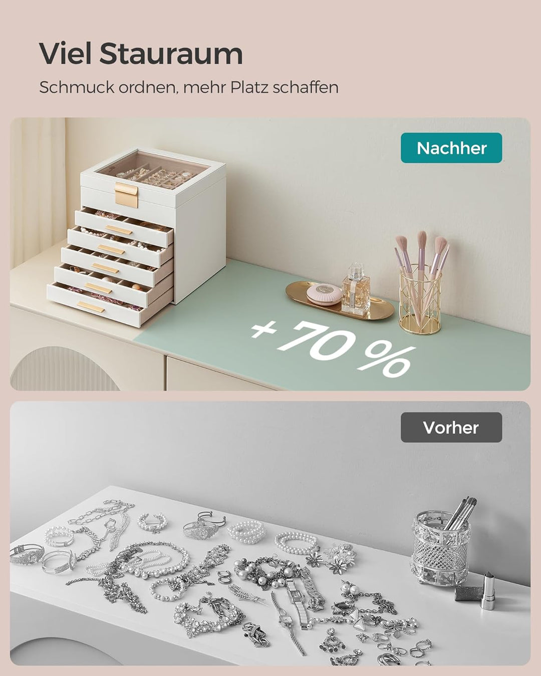 SONGMICS GISELLA Kollektion - Schmuckkästchen mit Glasdeckel, Schmuckkasten mit 6 Ebenen, Schmuckbox