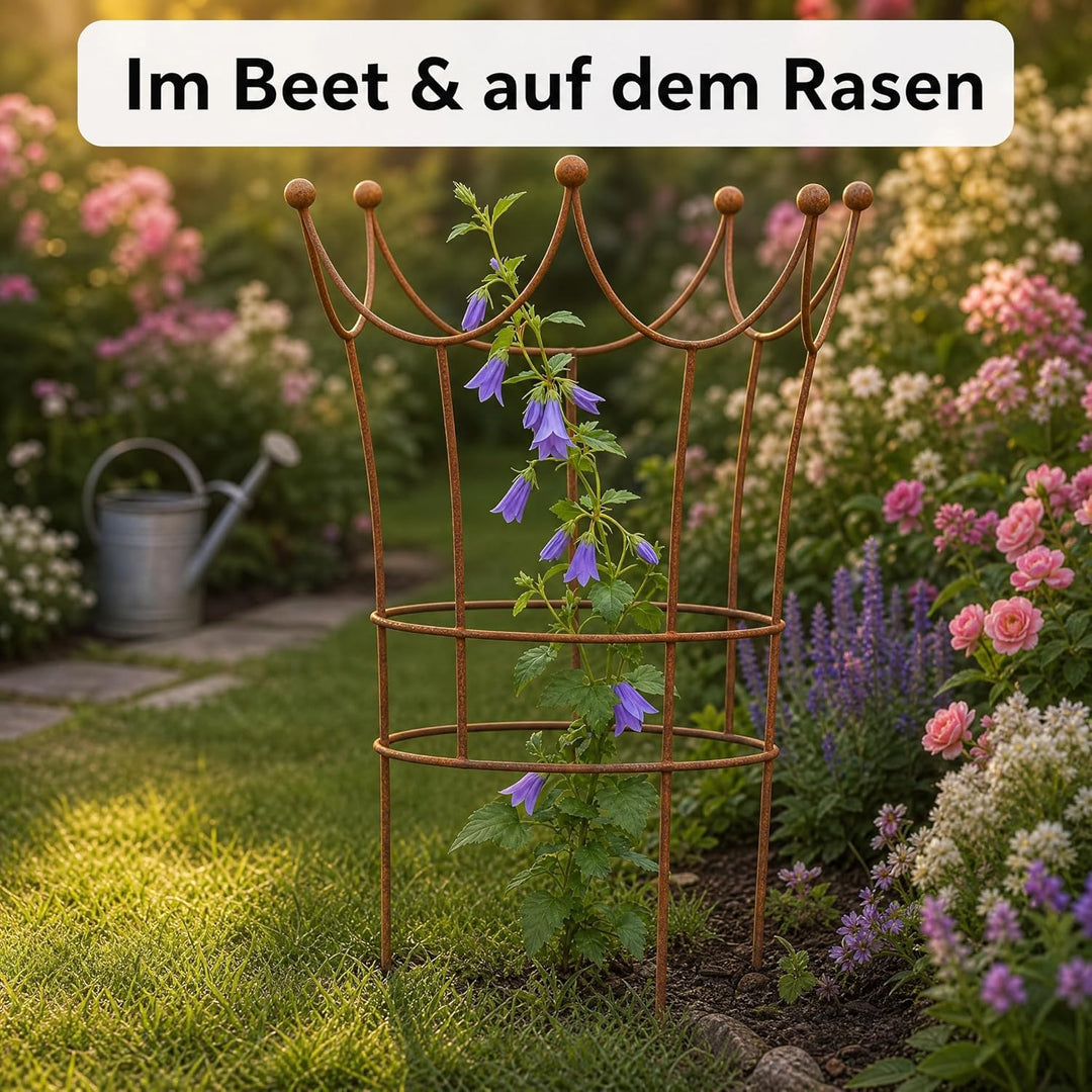 Edelrost Krone Staudenstütze, dekorative Pflanzenstütze aus Metall, nostalgisches Design, wetterfest