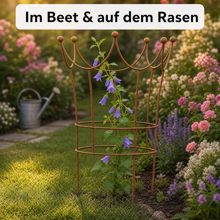Edelrost Krone Staudenstütze, dekorative Pflanzenstütze aus Metall, nostalgisches Design, wetterfest
