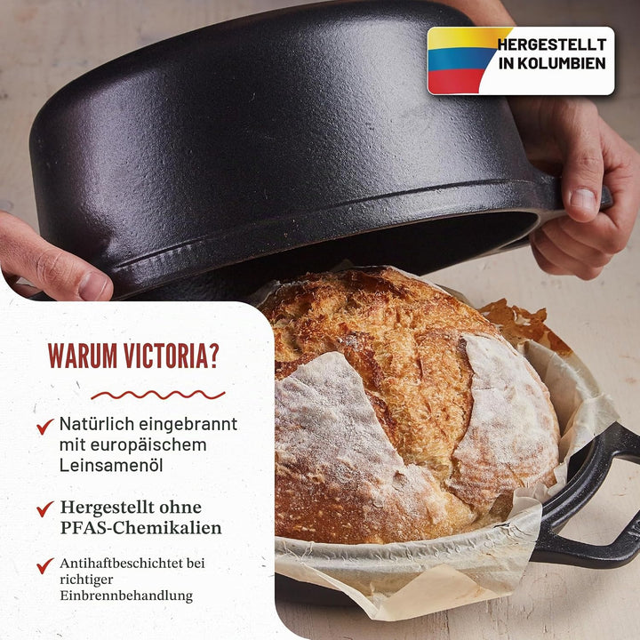 Victoria Dutch Oven Combo Gusseisen Eingebrannte 27cm/ 5,7L, Cast Iron Topf Brot Backen Seasoned Tox