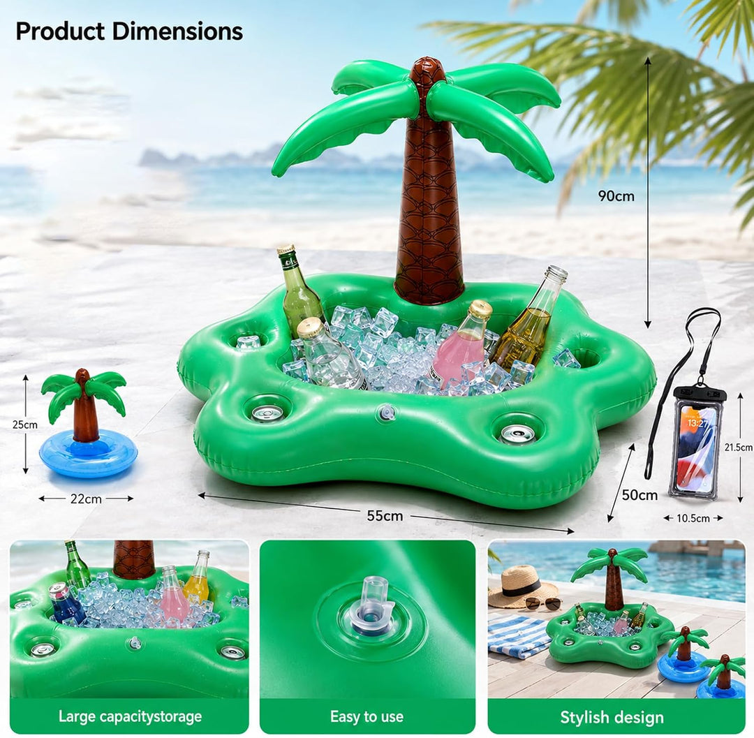MINGBOLIN Aufblasbarer Getränkehalter Poolbar Set 5 Stück Pool Getränkehalter mit 2 Mini-Palmen &amp; 2