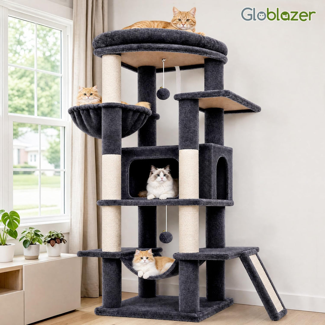 Globlazer Kratzbaum Stabil mit Extragross Loungebereich für 2/3 Katzen S56 | Katzenbaum 143cm Platz