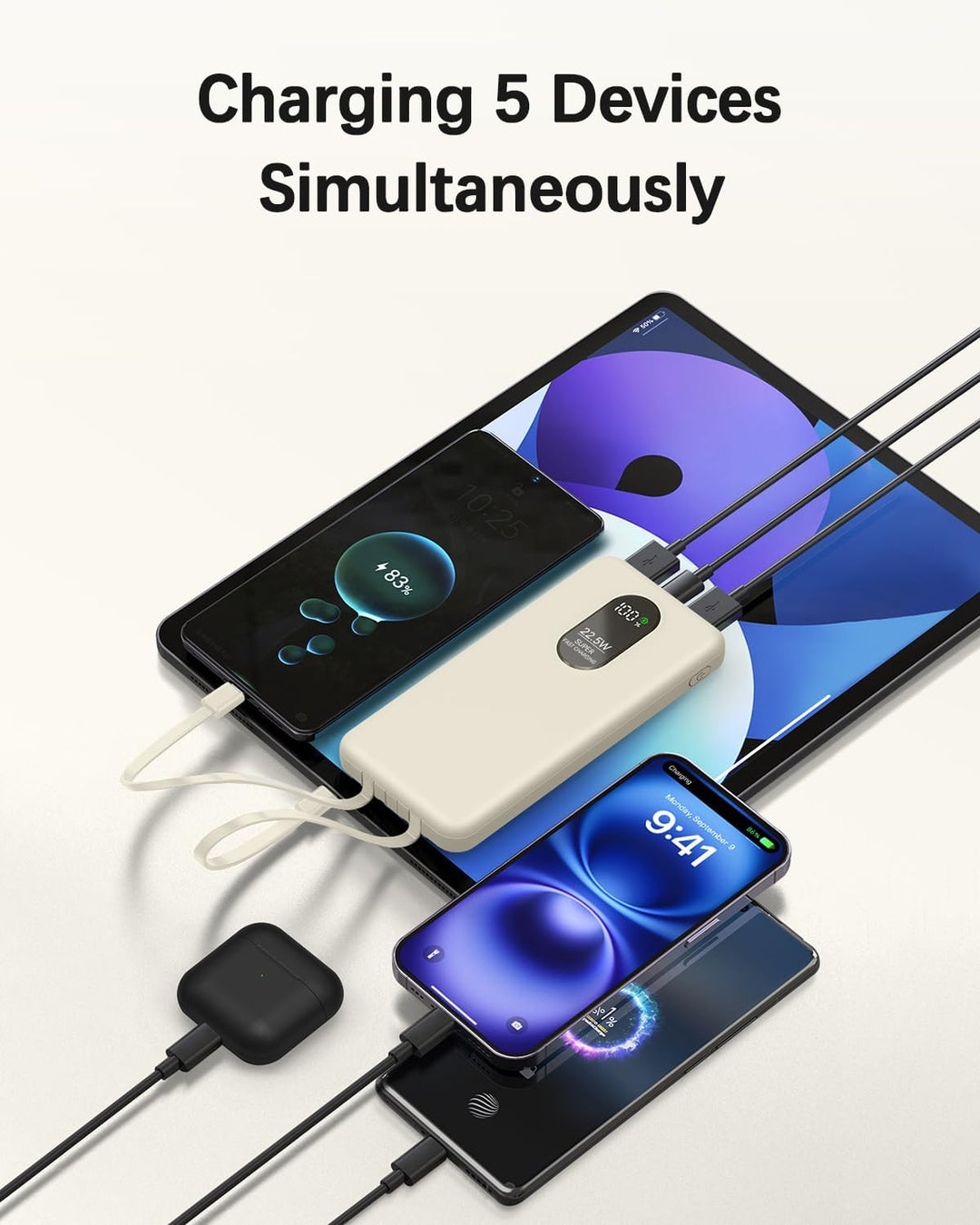 Powerbank 10000mAh 22.5W Schnellladefunktion Externer Akku mit integrierten Kabeln USB-C In/Out 5 Au