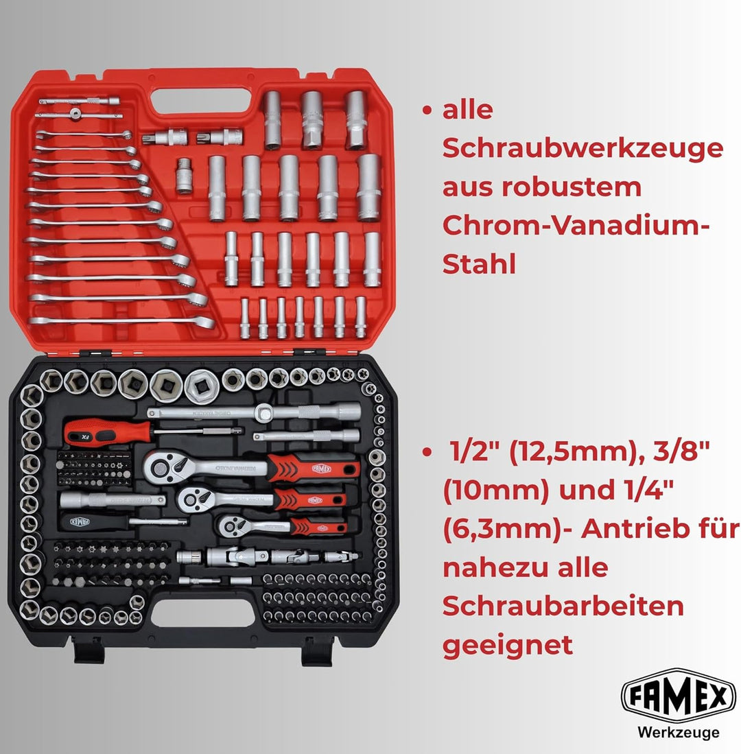 FAMEX 555-50 Steckschlüsselsatz 219-tlg. - 1/4 Zoll, 3/8 Zoll, 1/2 Zoll - alle Werkzeuge CV-Stahl -