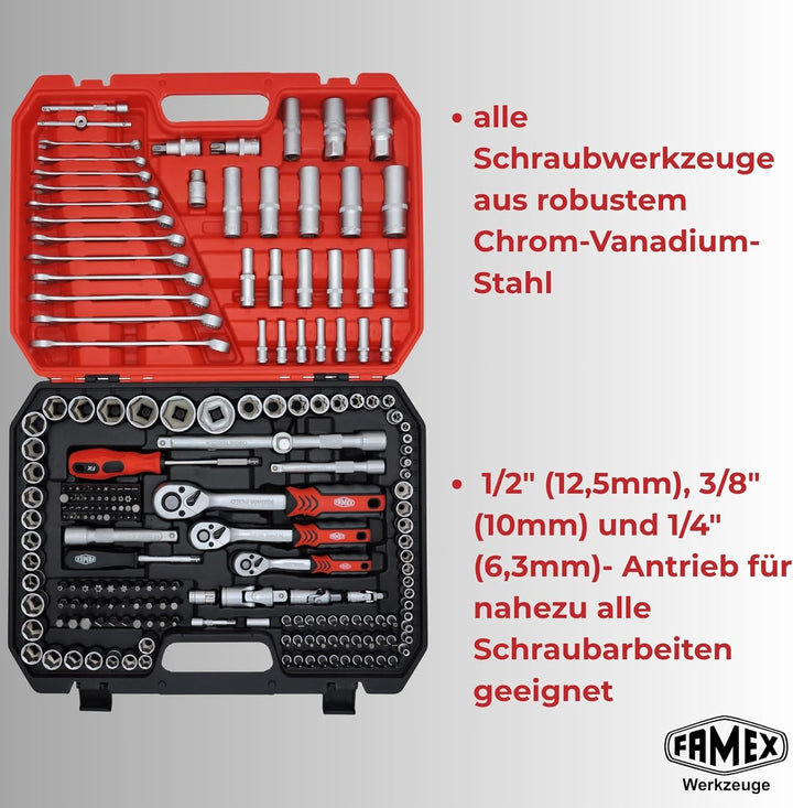 FAMEX 555-50 Steckschlüsselsatz 219-tlg. - 1/4 Zoll, 3/8 Zoll, 1/2 Zoll - alle Werkzeuge CV-Stahl -