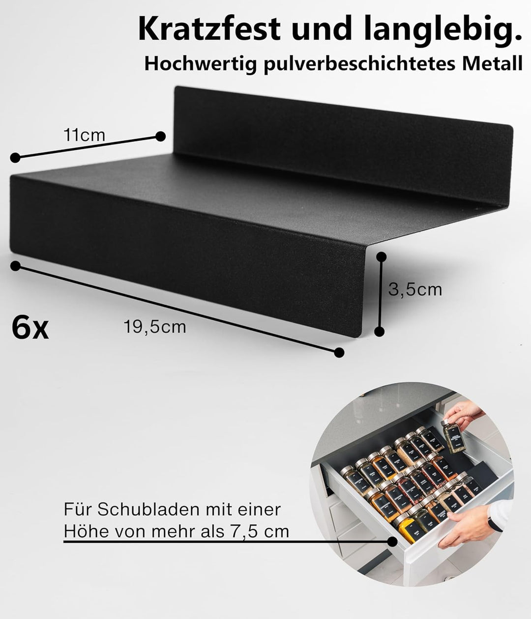 Deco haus® Gewürzregal Schublade aus Metall [MIT 24 GEWÜRZGLÄSER & ETIKETTEN] - Gewürzeinsatz Schubl