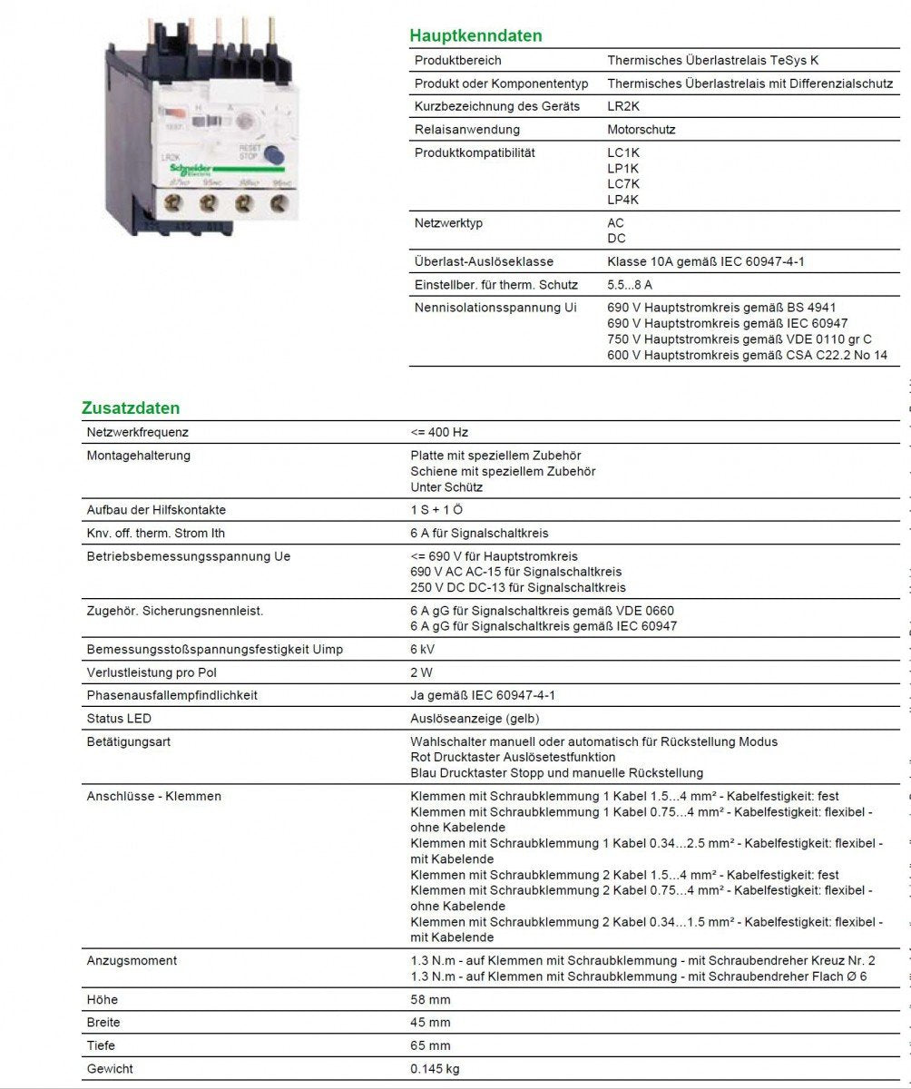 Schneider Electric | LR2K0314 - Motorschutzrelais, 5,5-8A, 1S+1Ö, Klasse 10A (B x H x T) 45 x 58 x 6