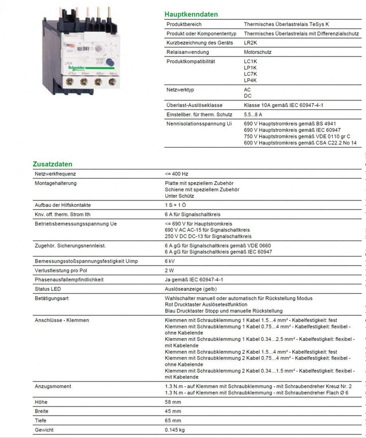 Schneider Electric | LR2K0314 - Motorschutzrelais, 5,5-8A, 1S+1Ö, Klasse 10A (B x H x T) 45 x 58 x 6