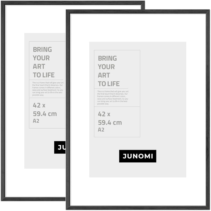 JUNOMI® 2 x Bilderrahmen DIN A2 Holz | Farbe Schwarz | Bilderrahmen 42 x 59,4 cm Schwarz mit bruchsi