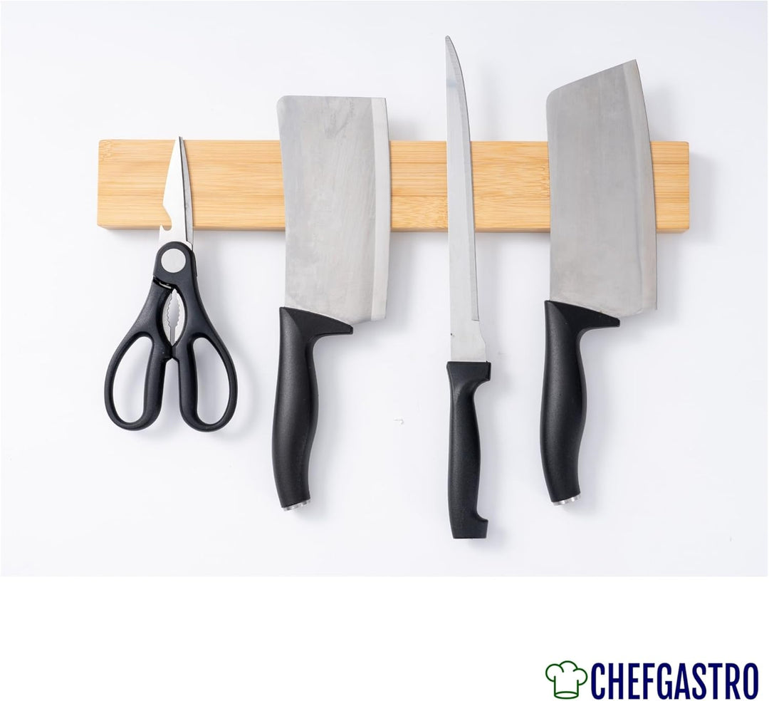 CHEFGASTRO Magnetleiste magnetische Messerleiste Messerhalter aus Bambus, 6,2x40x2,1cm, mit 3 silber