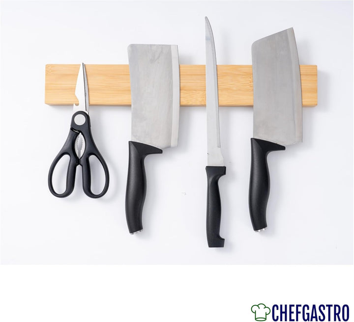 CHEFGASTRO Magnetleiste magnetische Messerleiste Messerhalter aus Bambus, 6,2x40x2,1cm, mit 3 silber