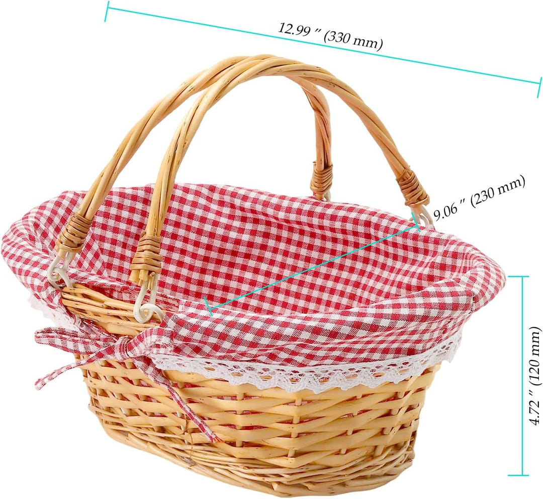 2 Stück Picknickkorb aus Weide, 33x23x12cm, Handgeflochtener Weidenkorb mit Henkel und Gingham Futte