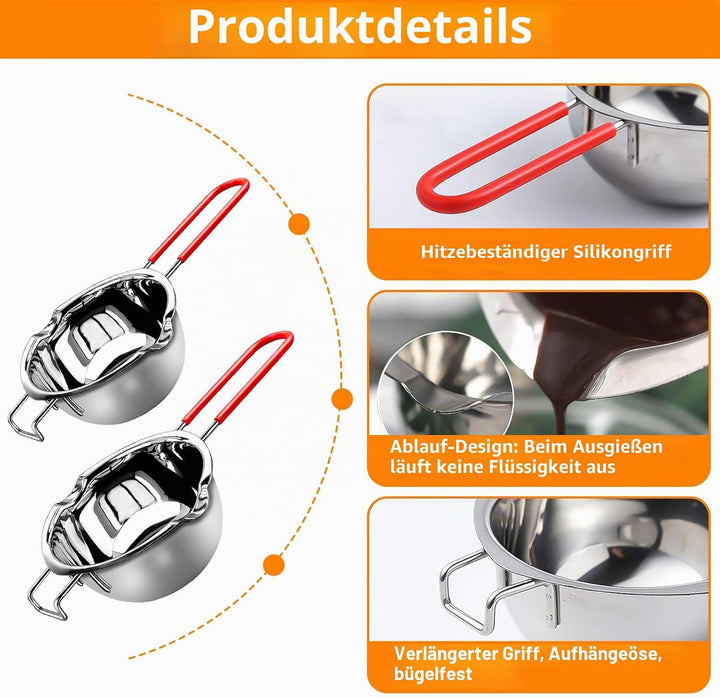XTUDOU® 2 Stück Schmelztopf Schokolade, Wasserbad Schmelzschale 304 Edelstahl mit 2 Spatel und Hitze