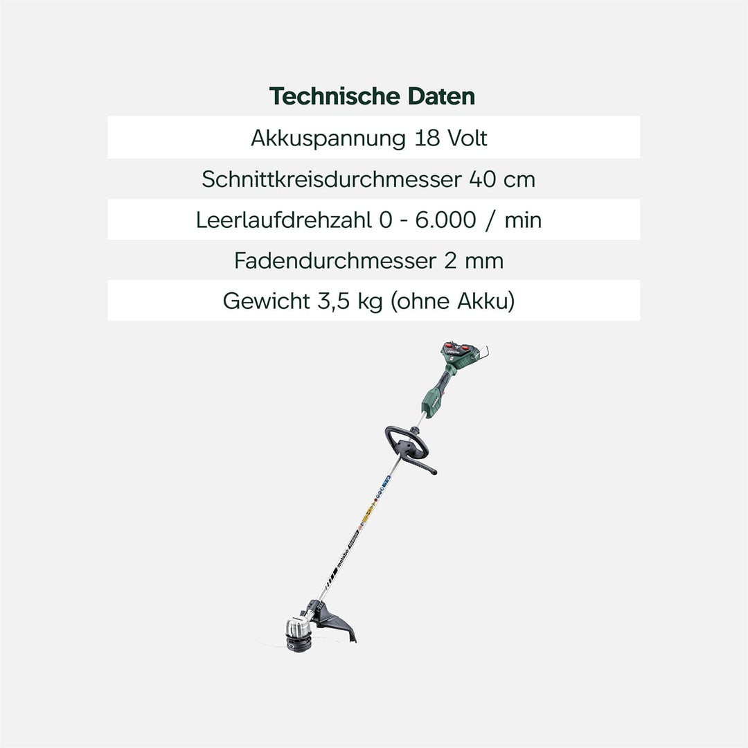 metabo Akku-Freischneider FSD 36-18 LTX BL 40 – 601610850 – Leiser Rasentrimmer mit Rundgriff, Metab