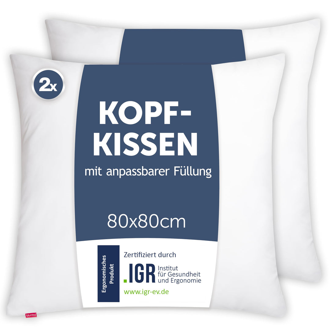 Blumtal Kopfkissen 80x80 cm 2er Set - Nackenkissen mit anpassbarer Füllung - 100% Mikrofaser & wasch