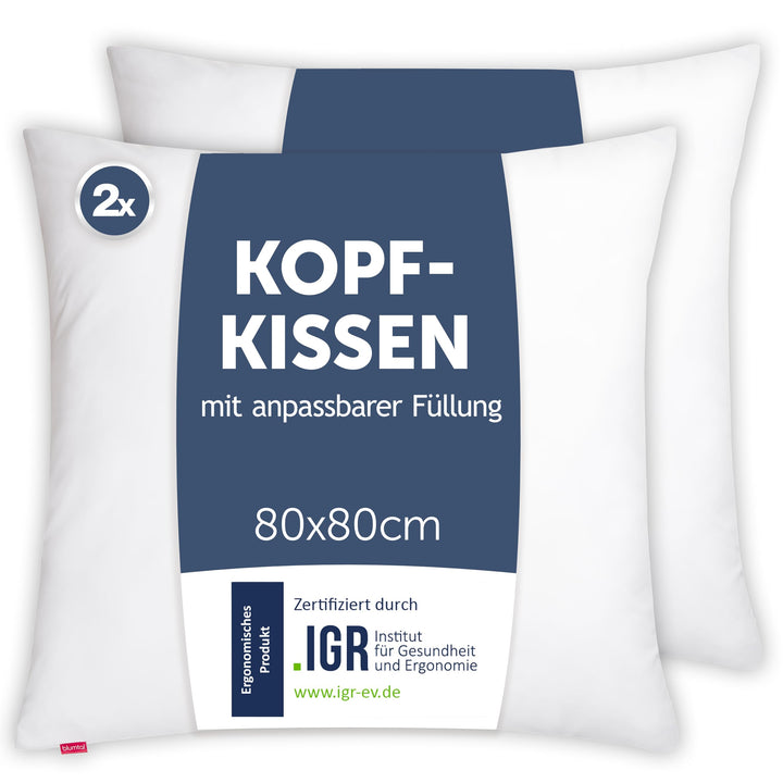 Blumtal Kopfkissen 80x80 cm 2er Set - Nackenkissen mit anpassbarer Füllung - 100% Mikrofaser & wasch