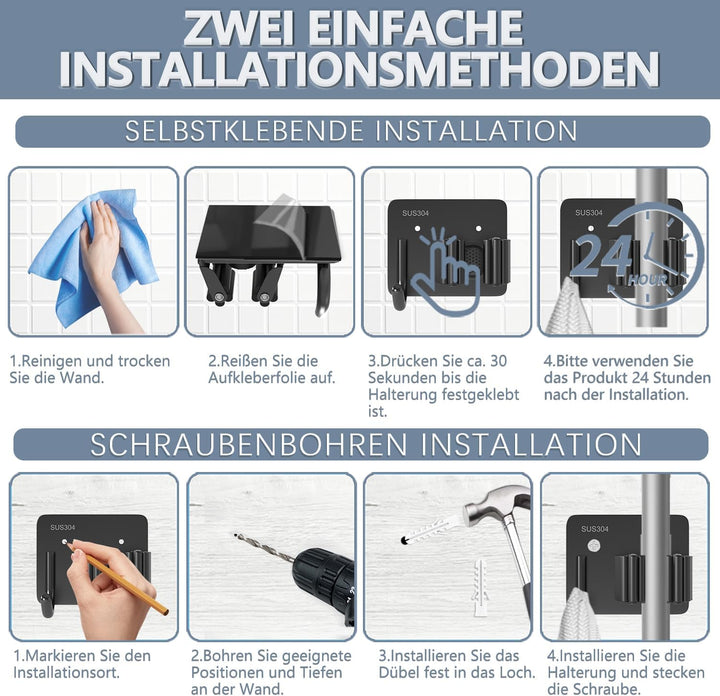 3-H Besenhalterung Wand Selbstklebend, 6 Stück Gerätehalter Besenhalter ohne Bohren, Edelstahl Besen