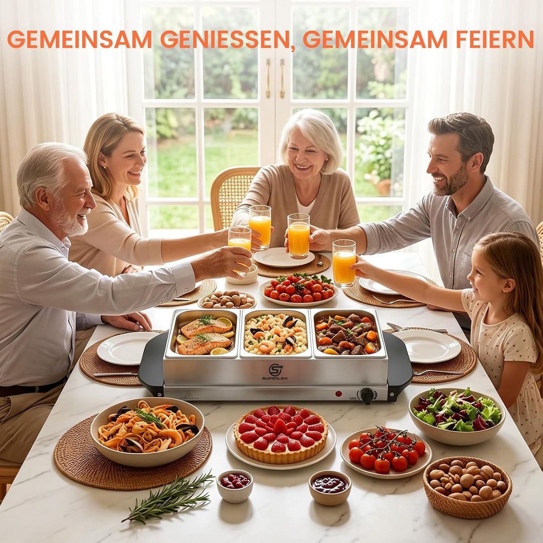 2in1 Warmhalteplatte und Buffetwärmer aus Edelstahl 200W mit 3x1,5L Speisebehältern Gleichmässige Wä