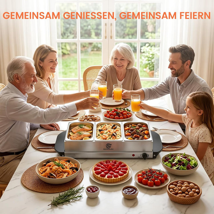 2in1 Warmhalteplatte und Buffetwärmer aus Edelstahl 200W mit 3x1,5L Speisebehältern Gleichmässige Wä