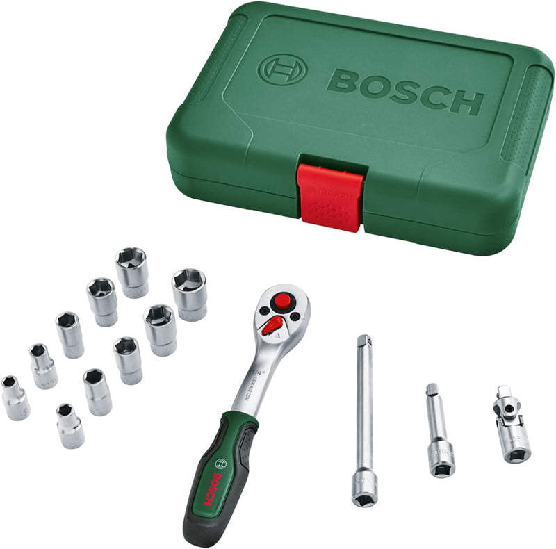 Bosch Ratschen / ¼"-Steckschlüsselsatz, 14-teilig (hochwertiger und vielseitiger Steckschlüsselsatz