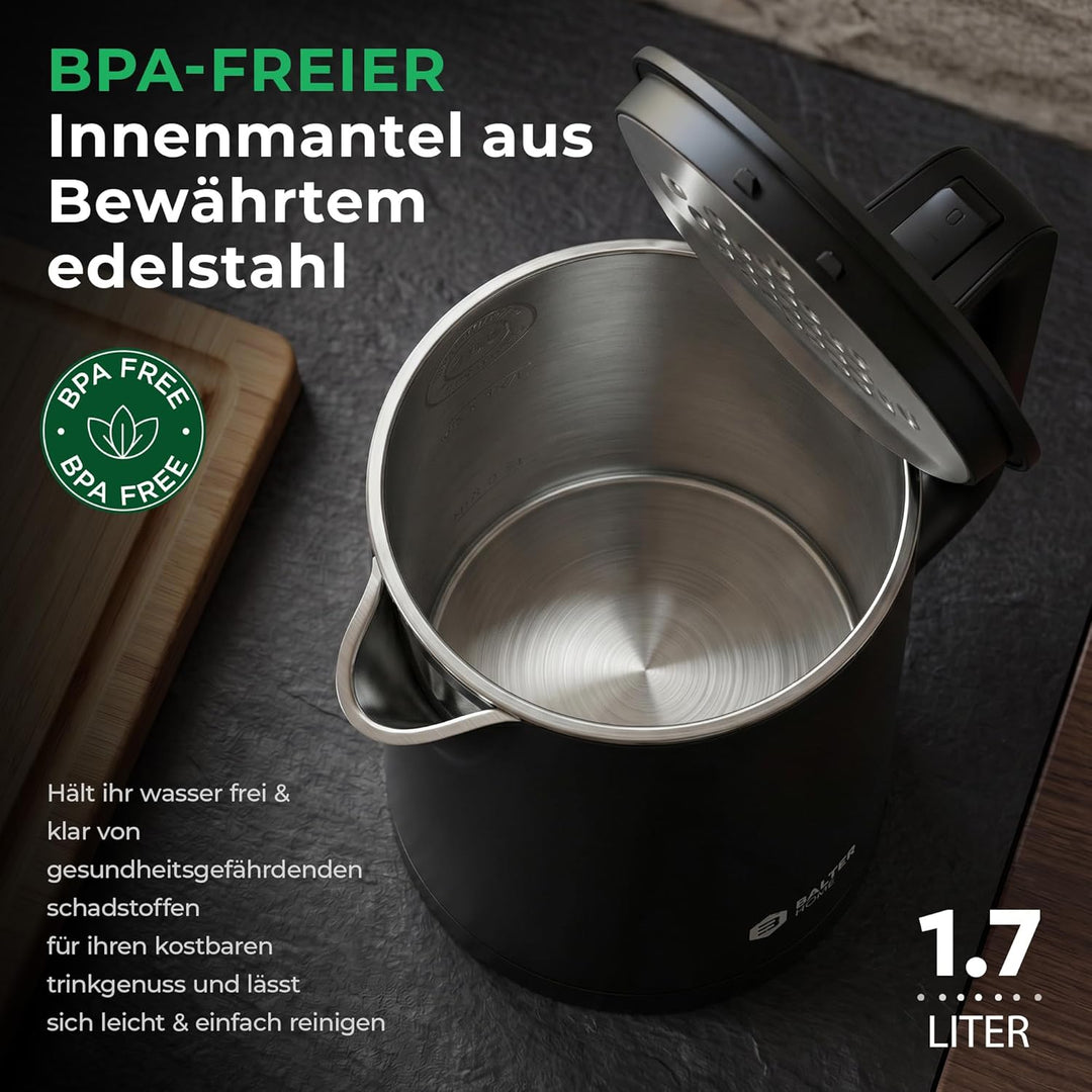 Balter Wasserkocher Edelstahl WK-4, 1,7 Liter, elektrischer Wasserkocher, Doppelwand Design, BPA fre