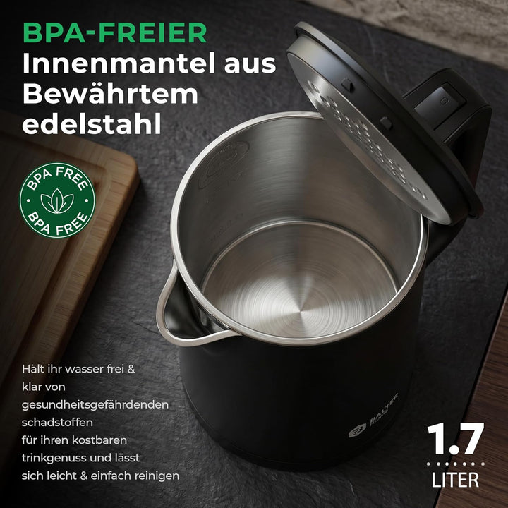 Balter Wasserkocher Edelstahl WK-4, 1,7 Liter, elektrischer Wasserkocher, Doppelwand Design, BPA fre