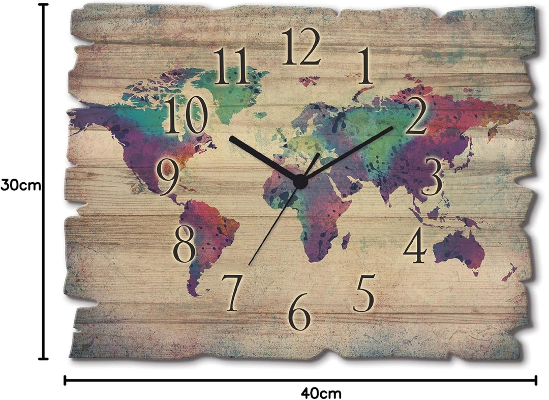 ARTLAND Wanduhr ohne Tickgeräusche aus Holz Quarz Uhr lautlos 40x30 cm Rechteckig Weltkarte Landkart