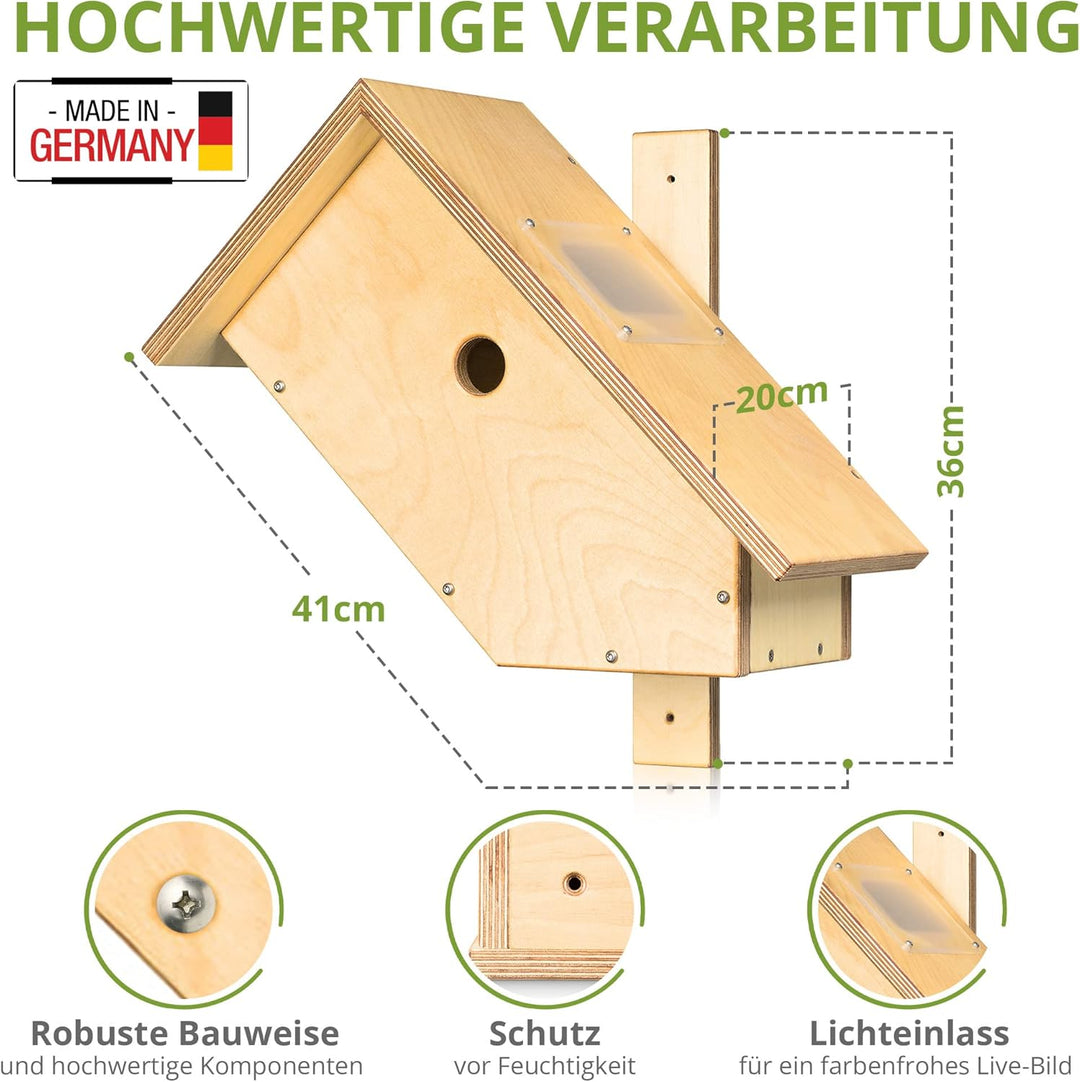 Nistkasten mit WLAN-Kamera. Autark & wetterfest, mit idealem Lichteinlass für störungsfreie Brut, mi