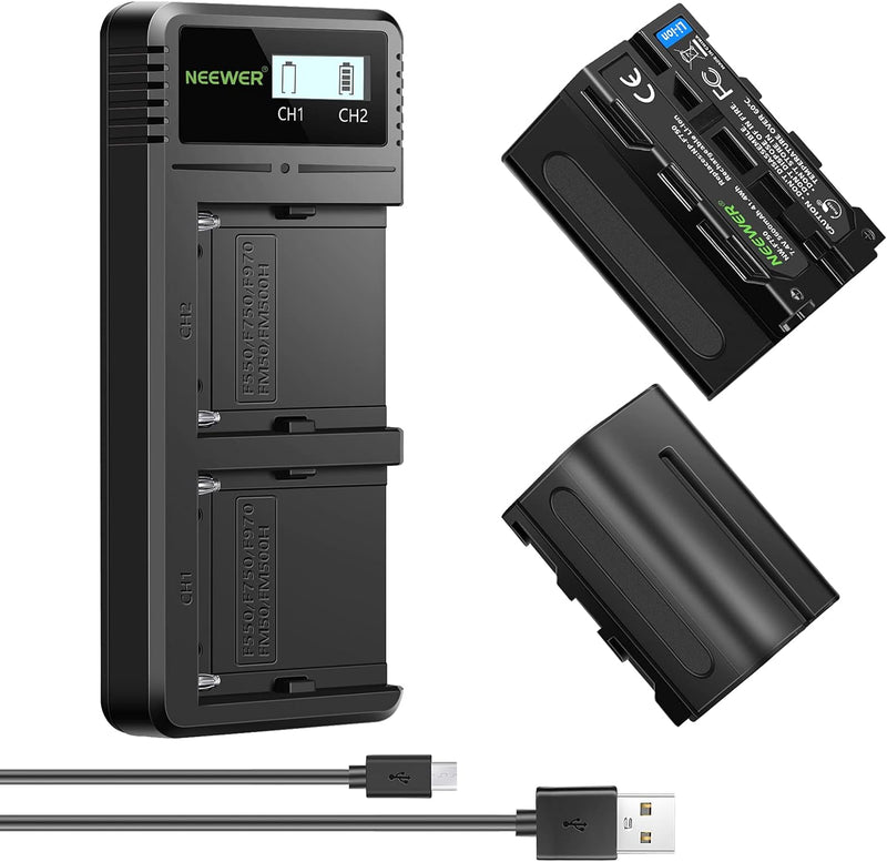 NEEWER Ladegerät Dual USB mit NP-F750 2Stk 5600mAh Ersatzakkus, Schnellladegerät kompatibel mit Sony