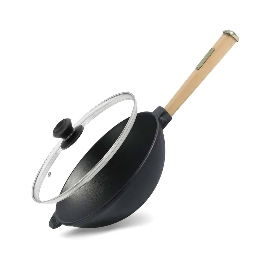 Wok Bratpfanne Ø26 cm 2,8 L aus Gusseisen mit Holzgriff Glasdeckel Asia Wokpfanne Induktion Pfanne 2
