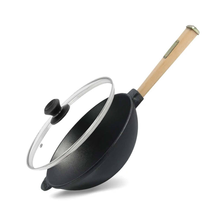 Wok Bratpfanne Ø26 cm 2,8 L aus Gusseisen mit Holzgriff Glasdeckel Asia Wokpfanne Induktion Pfanne 2