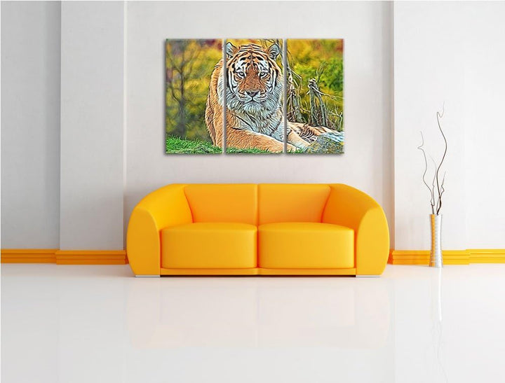 schöner Tiger auf Wiese NewArt 3-Teiler Leinwandbild 120x80 Bild auf Leinwand, XXL riesige Bilder fe