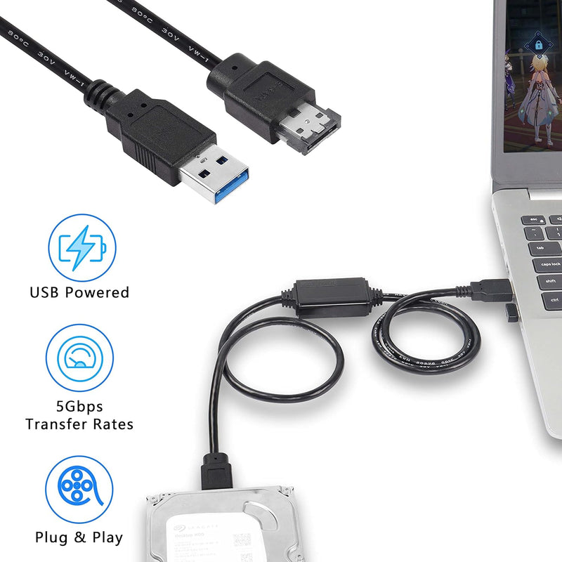 XMSJSIY USB zu eSATA Adapter Kabel 5Gbps USB 3.0 zu Power eSATA Konverter Kabel 5V für HDD/SSD/ODD L