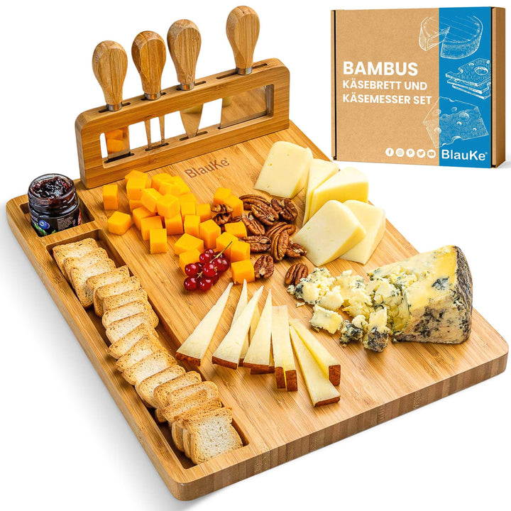 Bambus Käsebrett mit Käsemesser Set 35x28cm – Servierplatte aus Holz für Käse & Häppchen – Servierbr