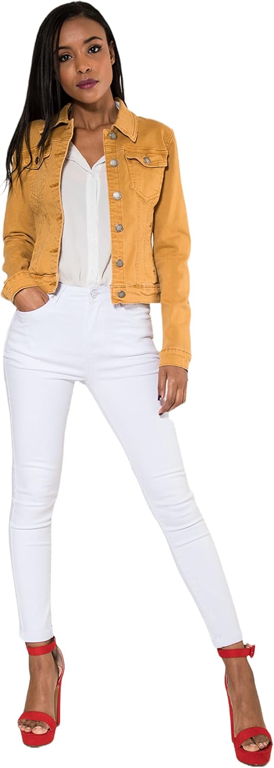 Nina Carter J212 Damen Slim-Fit Jeansjacke – Farbige Übergangsjacke mit Kent-Kragen und Taschen – Fr