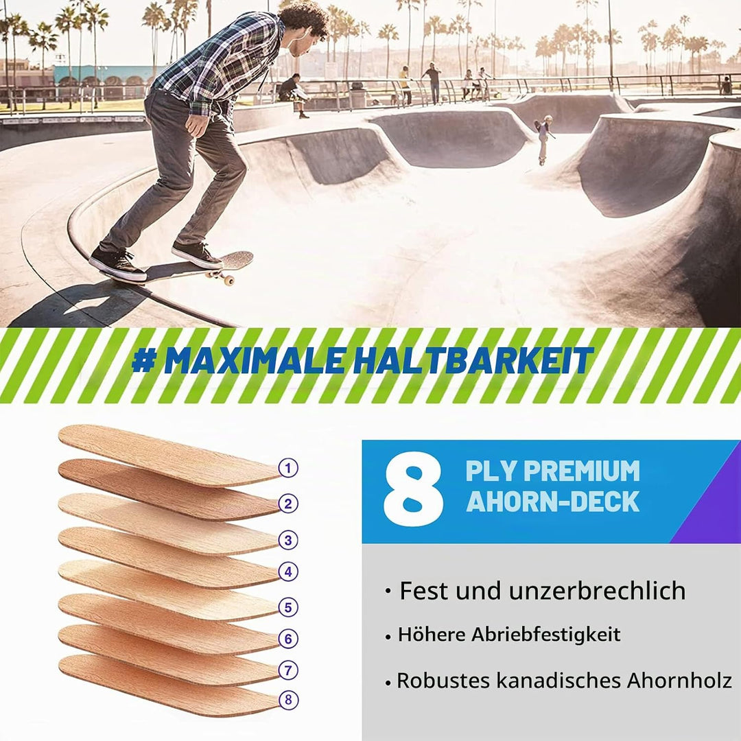 Skateboard, 31 x 8 Zoll komplettes Skateboard,8-lagiges Ahornholz, ABEC-11 Kugellager und 95A Rollen