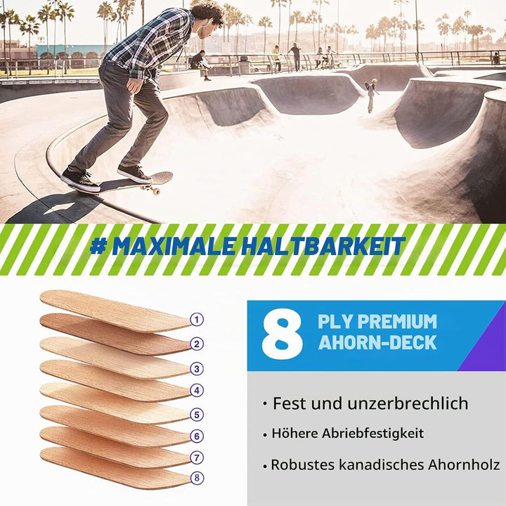 Skateboard, 31 x 8 Zoll komplettes Skateboard,8-lagiges Ahornholz, ABEC-11 Kugellager und 95A Rollen