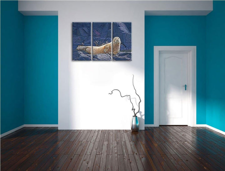 Robbe entspannt auf Felsen NewArt 3-Teiler Leinwandbild 120x80 Bild auf Leinwand, XXL riesige Bilder