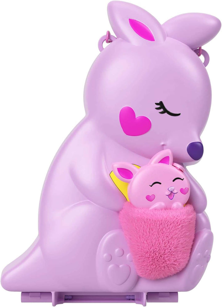 Polly Pocket Mama und Joey Känguru Tasche - 2-in-1-Spielset mit Tierkinderzimmer, 2 Puppen, 7 Tieren