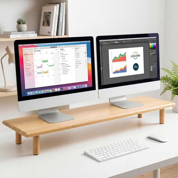 Bamboo Dual Monitor Ständer mit Ablagefach - Ergonomischer Schreibtischorganizer fürs Home Office, W