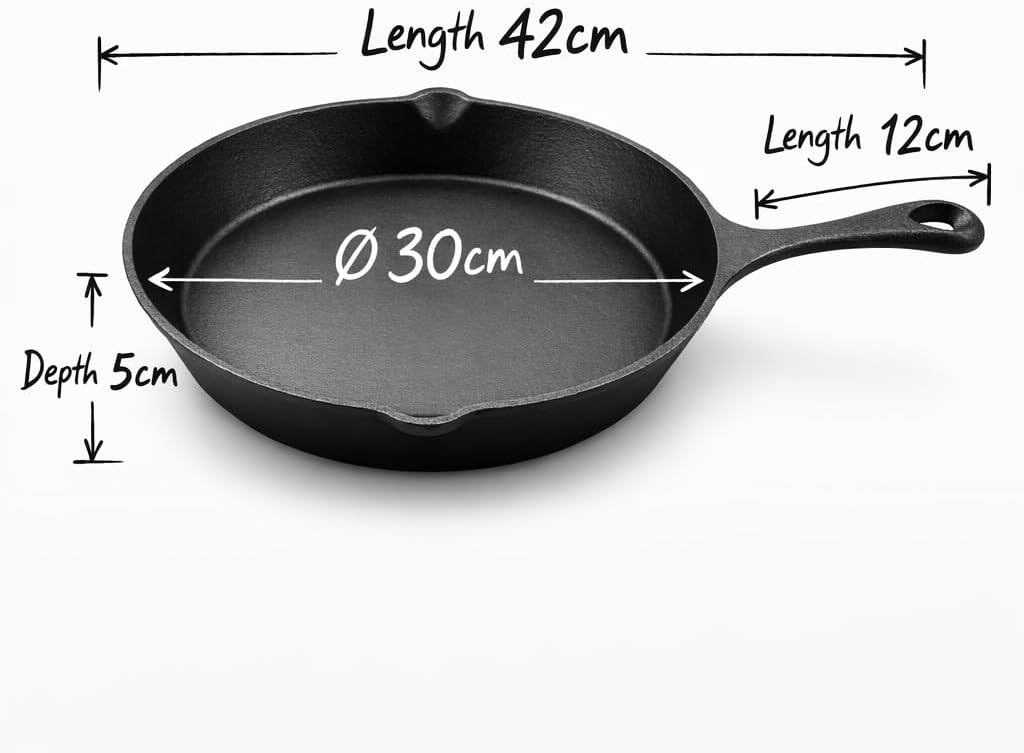 Geda Grill Gusseisenpfanne 30cm, eingebrannt Pfanne Gusseisen Induktion, Cast Iron Pan, Gusspfanne,