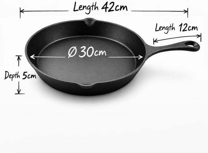 Geda Grill Gusseisenpfanne 30cm, eingebrannt Pfanne Gusseisen Induktion, Cast Iron Pan, Gusspfanne,