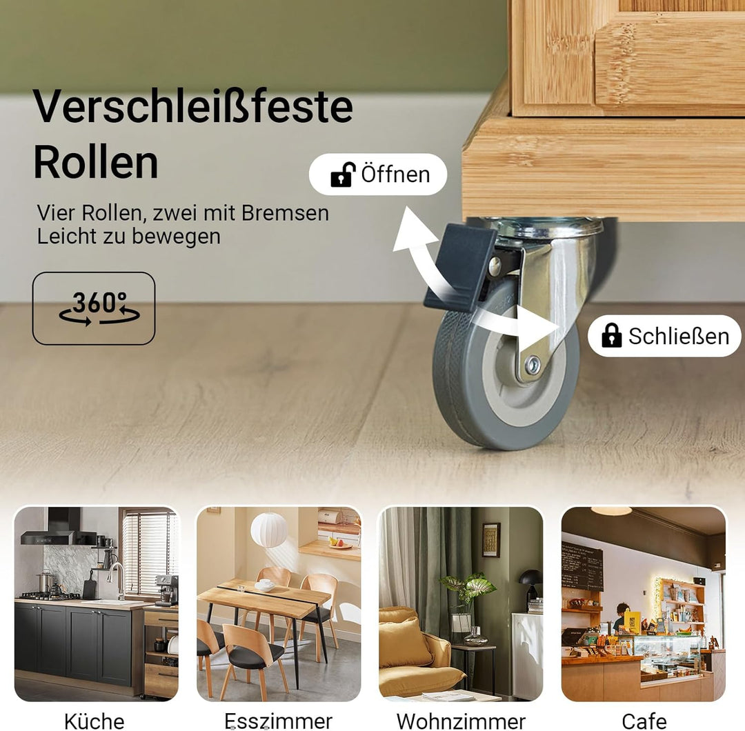 SoBuy FKW13-N Küchenwagen aus hochwertigem Bambus mit Edelstahltop Kücheninsel Küchenschrank Rollwag