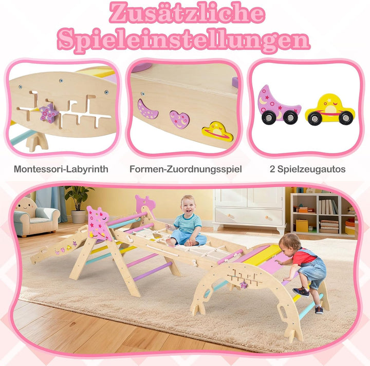 FANTASK 7 in 1 Klettergerüst Indoor, Kletterdreieck mit Rutsche, Kletterbogen, Netz, inkl. doppelsei