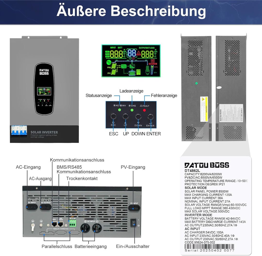 DATOUBOSS 6200W Hybrid Solar Wechselrichter 48V, Reiner Sinus, PV-Array bis 8500W, PV-Inverterleistu